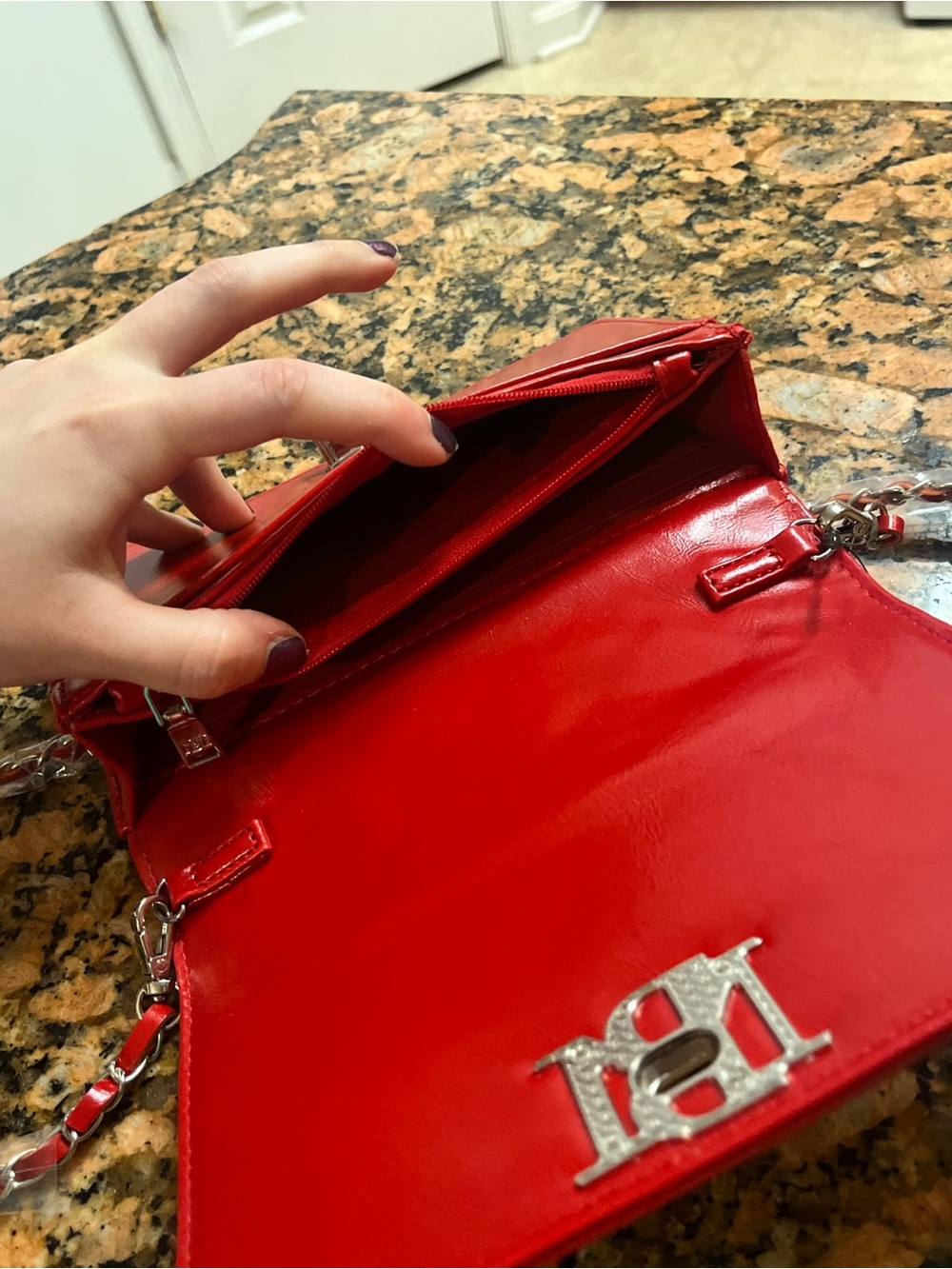Badgley Mischka Red Quilted Vegan Leather Chain Crossbody - Picture 3 of 5